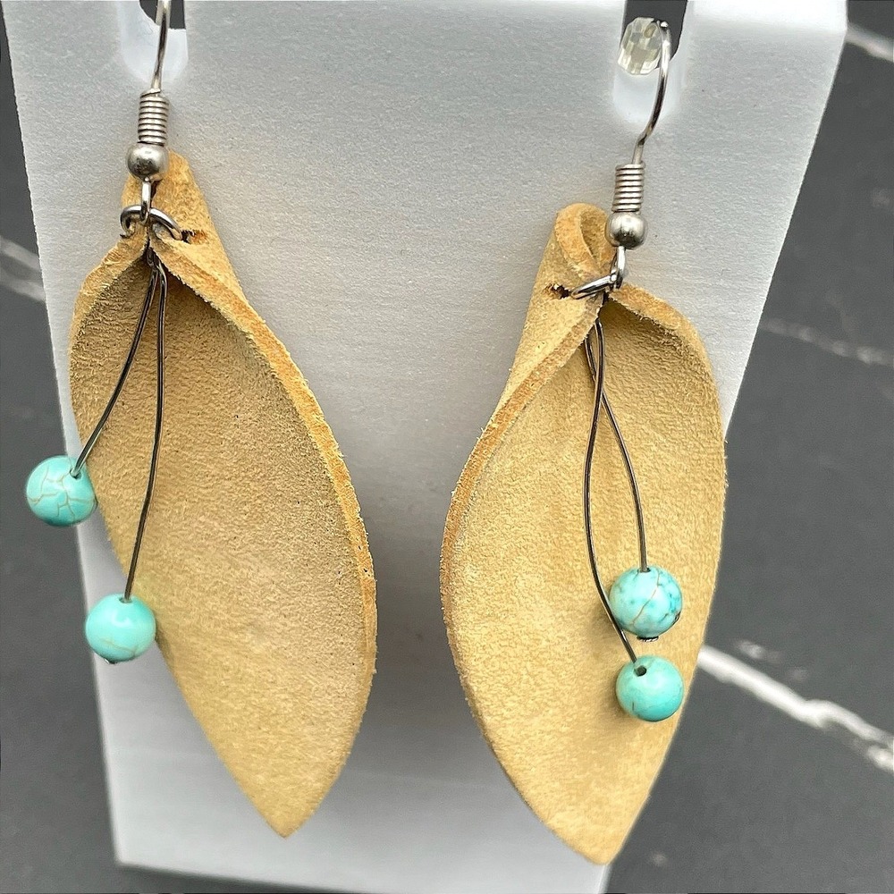Vintage Imitation Turquoise Beads Tan Leather Leaf Bohemian Hook Earrings
